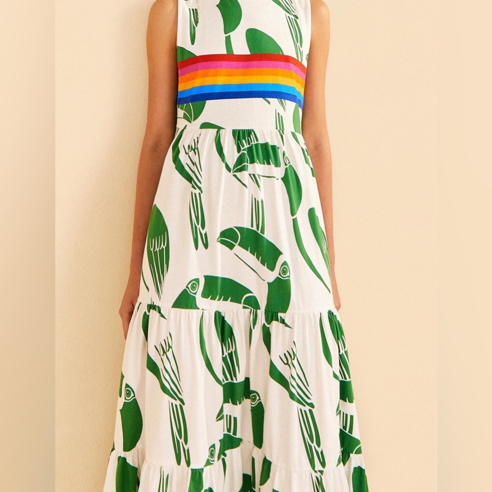 FARM Rio White Maxi Dress with Green Print and Rainbow Bodice - Picture 13 of 13